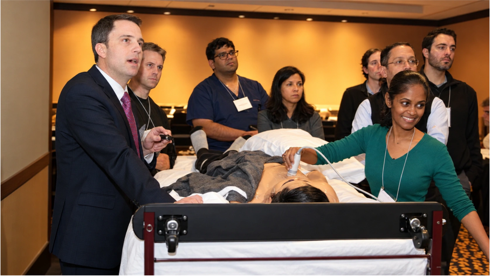 A Hospital Procedures Consultants instructor leading a hands-on ultrasound training session